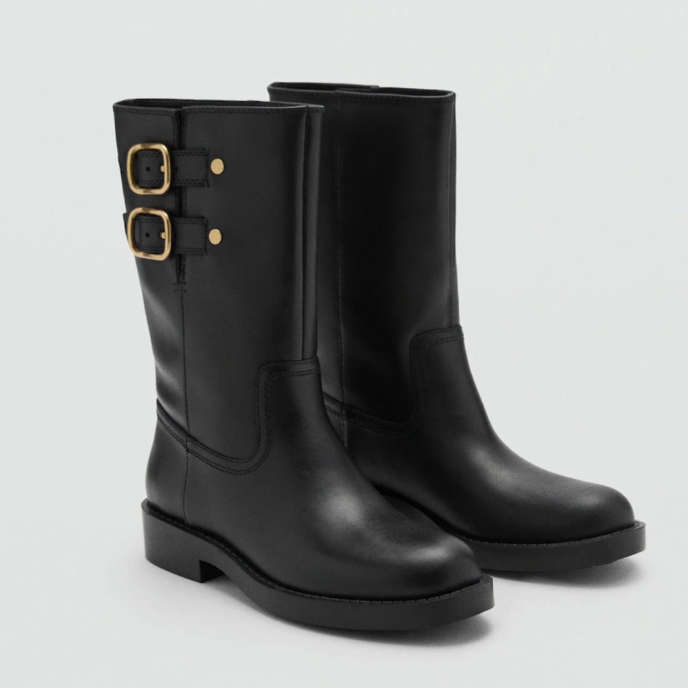NWT Mango Black Genuine Bovine Leather Boots with Gold Buckles size 5.5 (36)